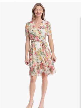 London Times Women’s Faux Wrap Dress in Ivory and Pink